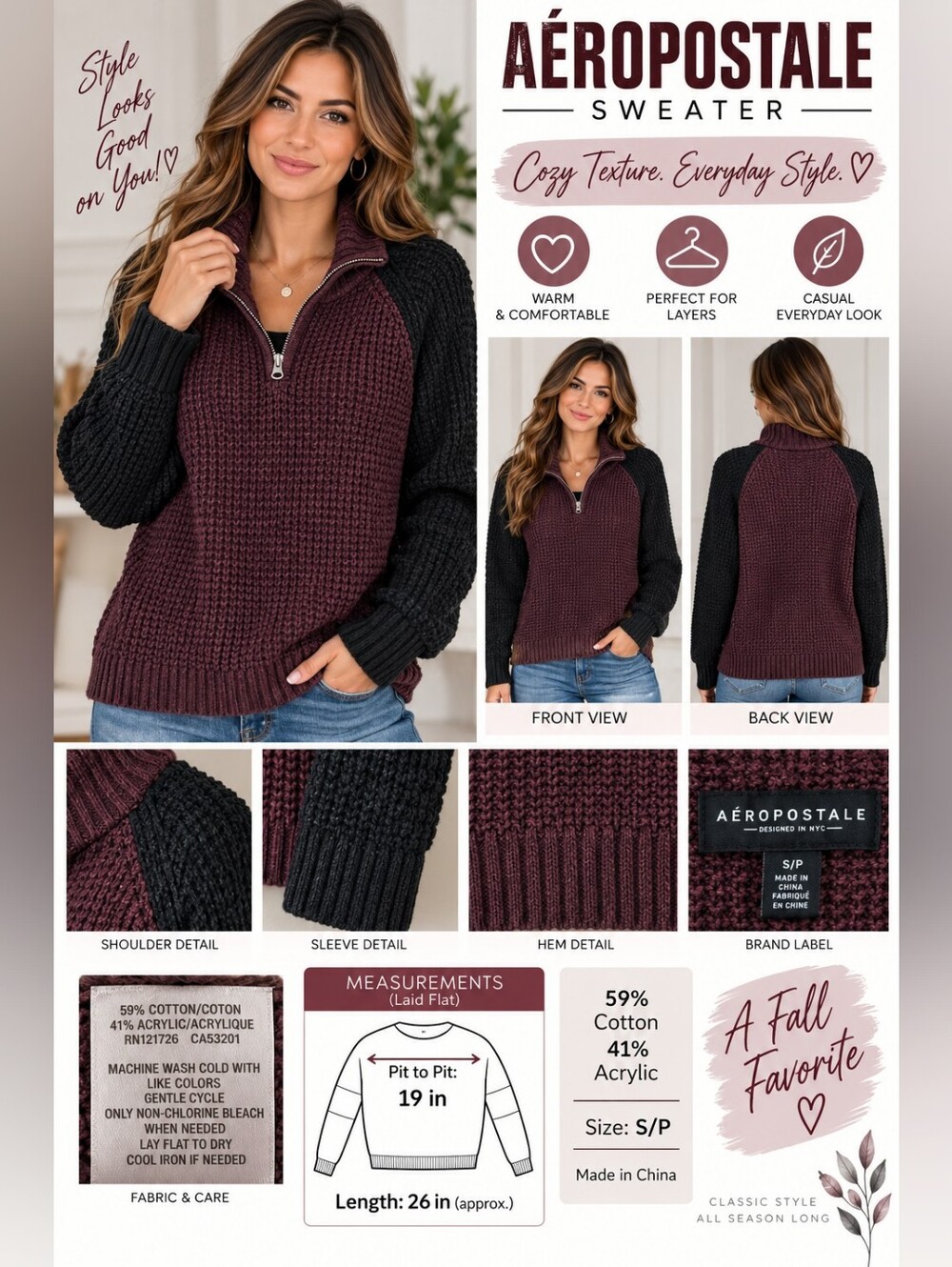 Aeropostale Women's Half-Zip Pullover Sweater - Burgundy & Black